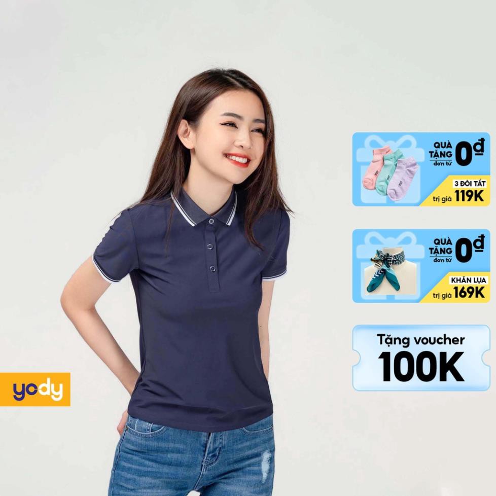 Áo Thun Có Cổ nữ YODY, Áo Phông Polo airy cool bo kẻ mềm mịn khô nhanh APN4014