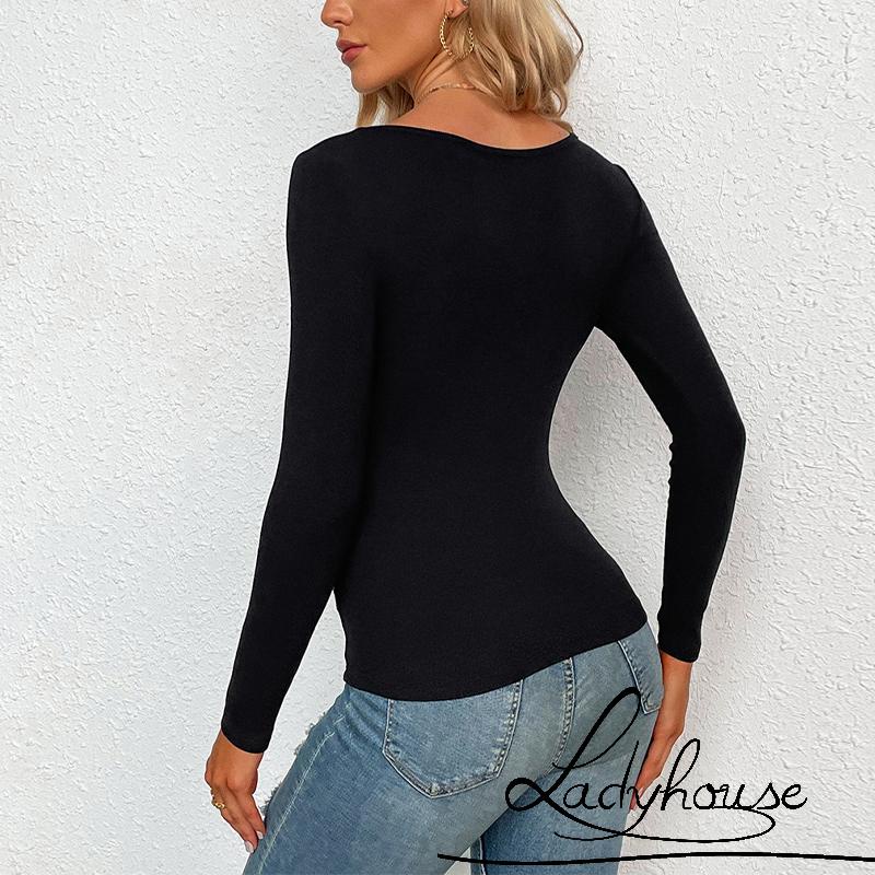 LD-Women´s T-Shirt Solid Color Long Sleeve V-Neck Design Hollow Slim Fit Versatile Casual Tops