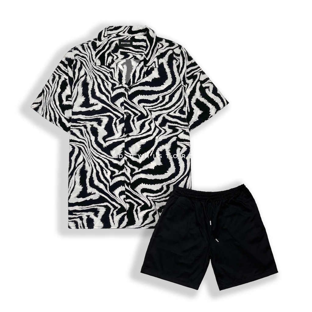Áo sơ mi cộc tay unisex form rộng họa tiết VẰN TRẮNG cho nam nữ | DUYHI