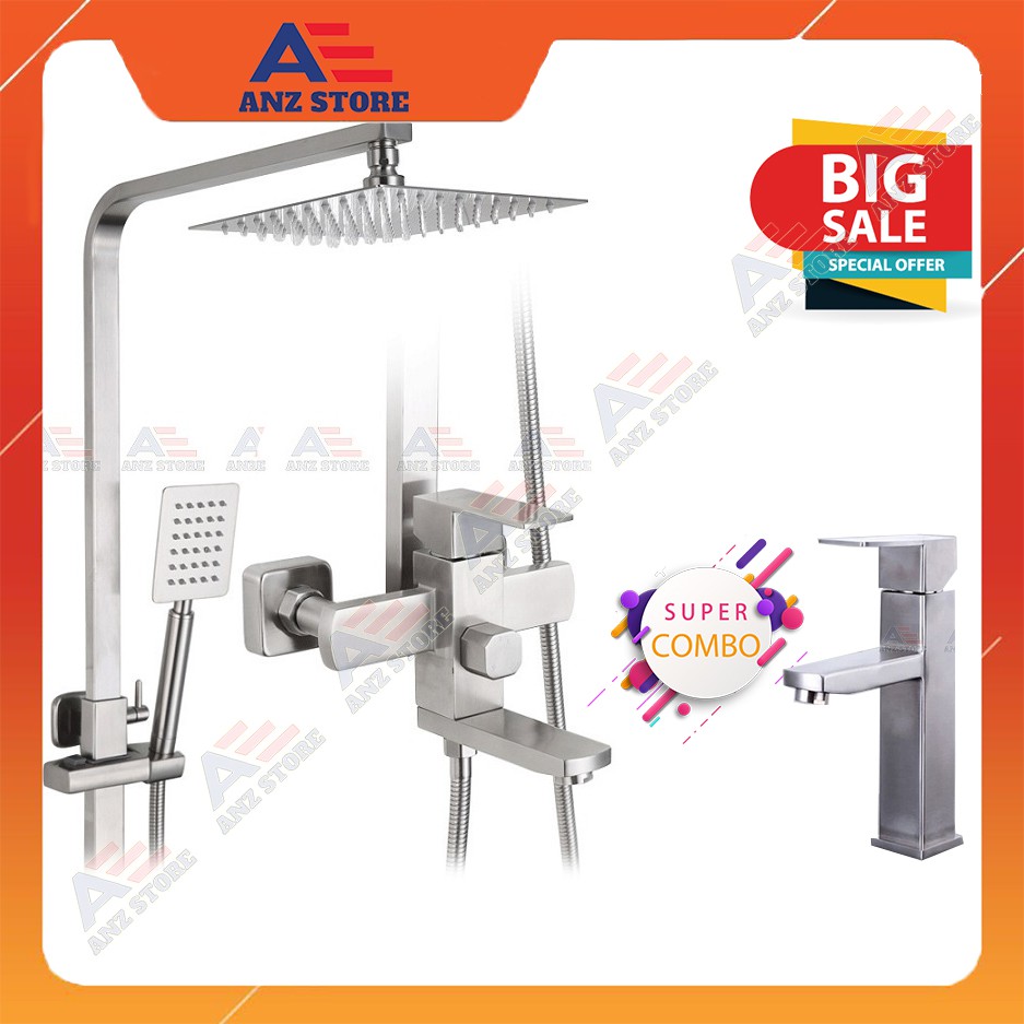 [Combo Đồng Bộ] Sen cây tắm đứng Inox 304 + vòi Inox 304 loại vuông - Nhập khẩu cao cấp - {Vias+} -  ANZ STORE