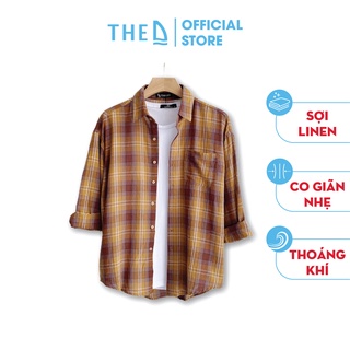 Áo Sơ Mi Nam Vải Linen The D Vintage Cổ Đức Dài Tay, Kẻ Caro Thoáng Mát, Thấm Hút Mồ Hôi Tốt TS3683