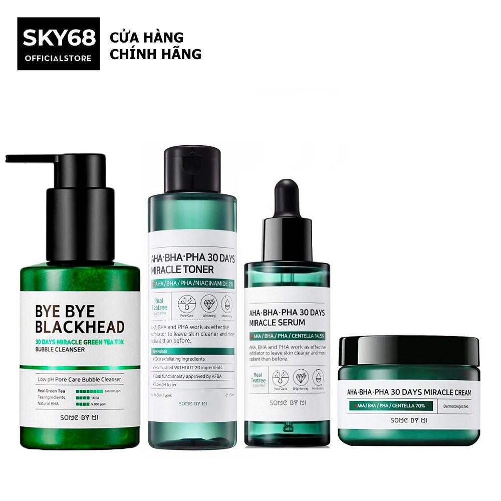 Bộ 4 SP Dưỡng Da Giảm Mụn Some By Mi AHA-BHA-PHA 30 Days Miracle (SRM Bye Bye 120g + Toner 150ml + SR 50ml + Kem 50ml)