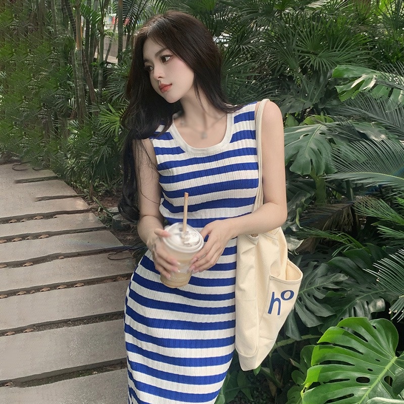 Đầm Dệt Kim Sát Nách Cổ Tròn Họa Tiết Kẻ Sọc Thời Trang Mùa Hè Cho Nữ