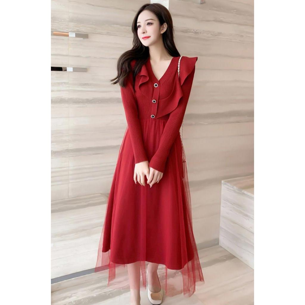 Đầm len phối voan tiểu thư sang chảnh váy len montoghi