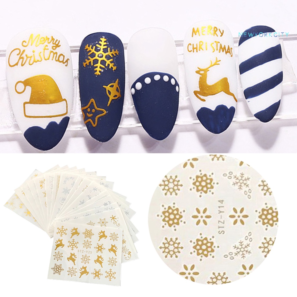 Set 16 Miếng Dán Móng Tay Nhẹ Nhàng Họa Tiết Bông Tuyết Màu Sắc Vàng Kim