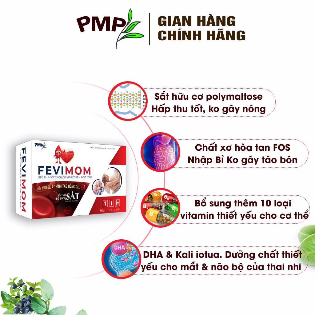 Viên Sắt Fevimom PMP Bổ Sung Sắt Và Các Vitamin Thiết Yếu Cho Người Lớn, Phụ Nữ Mang Thai