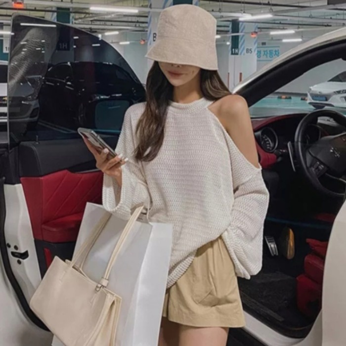 Áo kiểu nữ len dệt kim mỏng form rộng Dài tay Khoét vai Thiết kế Hàn Quốc Áo kiểu nữ tay dài Sang trọng Thời trang