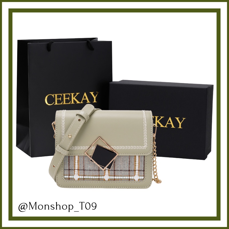 🌸sẵn🌸 Túi xách da mềm đeo chéo nữ CEEKAY chính hãng khóa vuông 2 viên sọc caro  - T09
