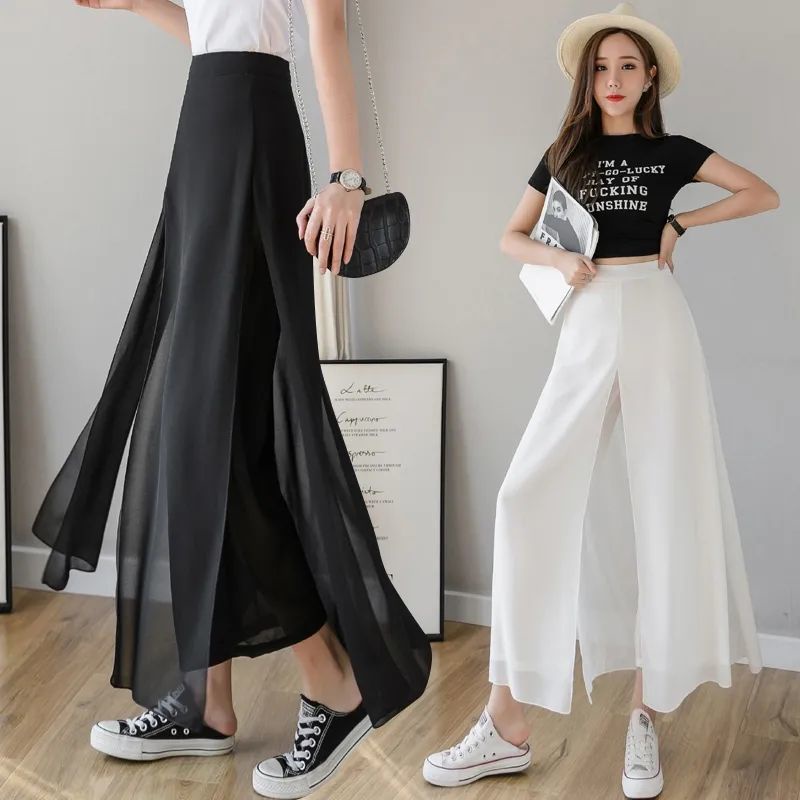 Quần Dài Ống Rộng Giả Váy Vải Voan Phối Lưới Thời Trang Mùa Hè Xinh Xắn Cho Nữ