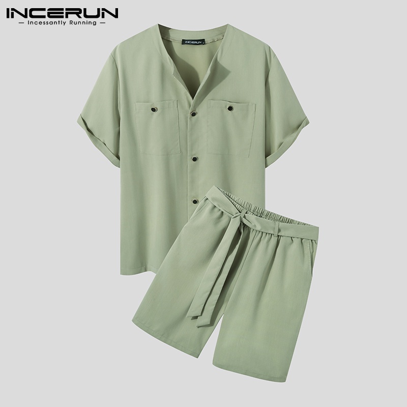 Bộ quần áo INCERUN gồm áo ngắn tay cổ tròn và quần đùi dây rút cho nam