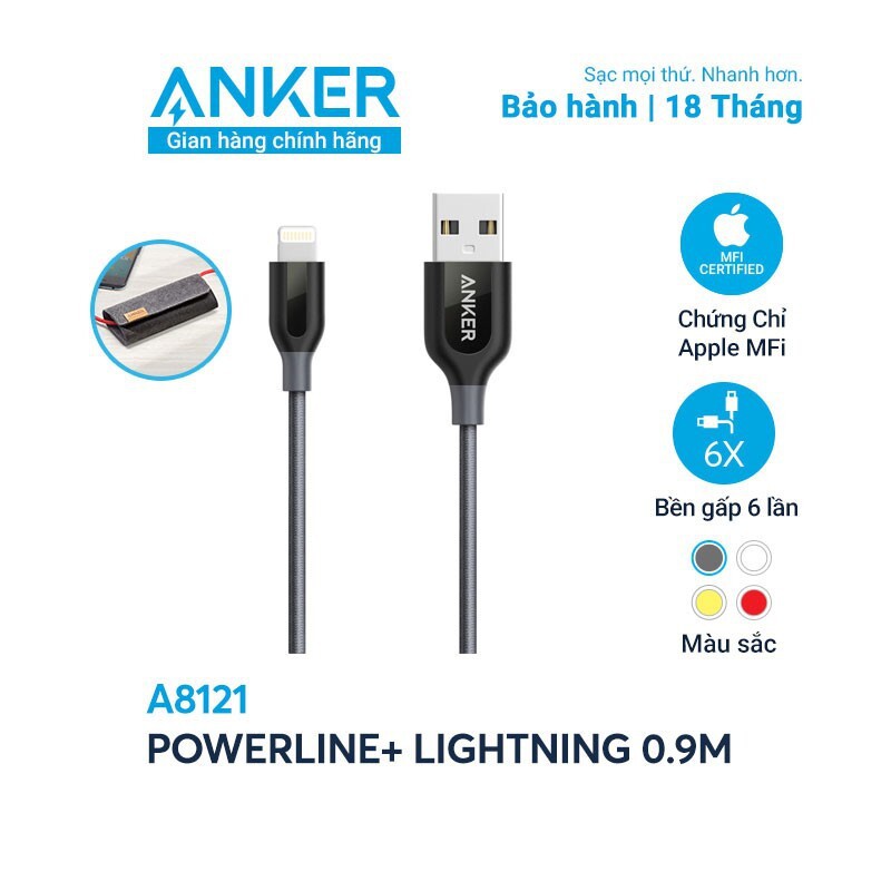 Cáp sạc iPhone, cáp Lightning ANKER Powerline+, A8121 MFi  có bao da A8121