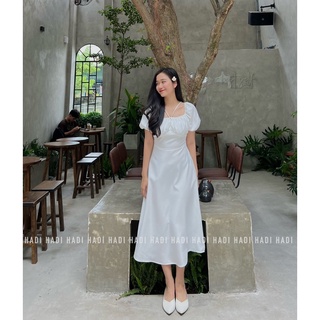 Đầm vải lụa rút ngực dáng middi - Thương