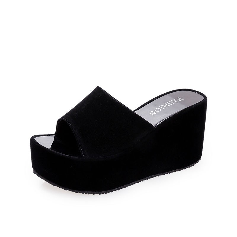 ✈▣all-match black slippers women s summer fashion wedge with platform sole waterproof flip-flops Korean style sandals and for external wear