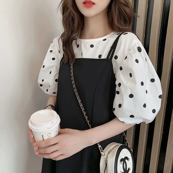 Set Áo Thun + Đầm Yếm Họa Tiết Chấm Bi Thời Trang Hàn Quốc Chính Hãng Dễ Phối Đồ Cho Phụ Nữ Mang Thai