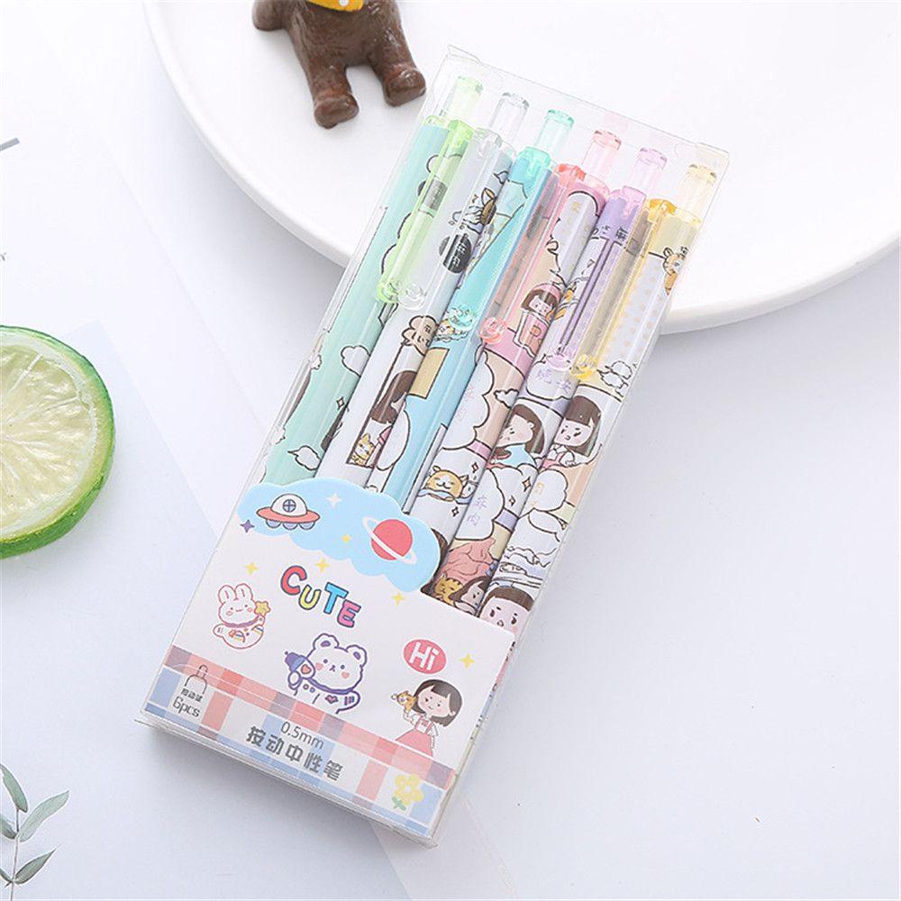 Set 6 Bút Gel Màu Đen Cầu Vồng Dễ Thương Mau Khô Dành Cho Học Sinh