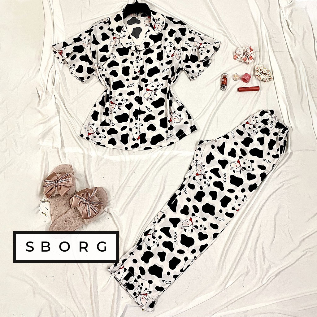 Đồ mặc nhà nữ SBORG bộ pijama lụa latin bò sữa cute trendy tay ngắn quần dài phối bèo có túi 45-60kg quà tặng vợ