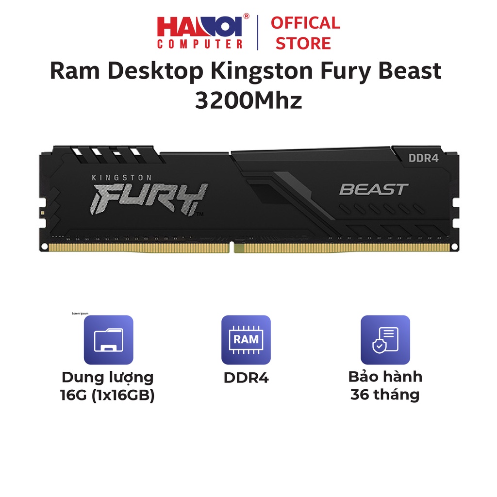 Ram Desktop Kingston Fury Beast (KF432C16BB1/16), bộ nhớ trong 16GB (1x16GB) DDR4 3200Mhz