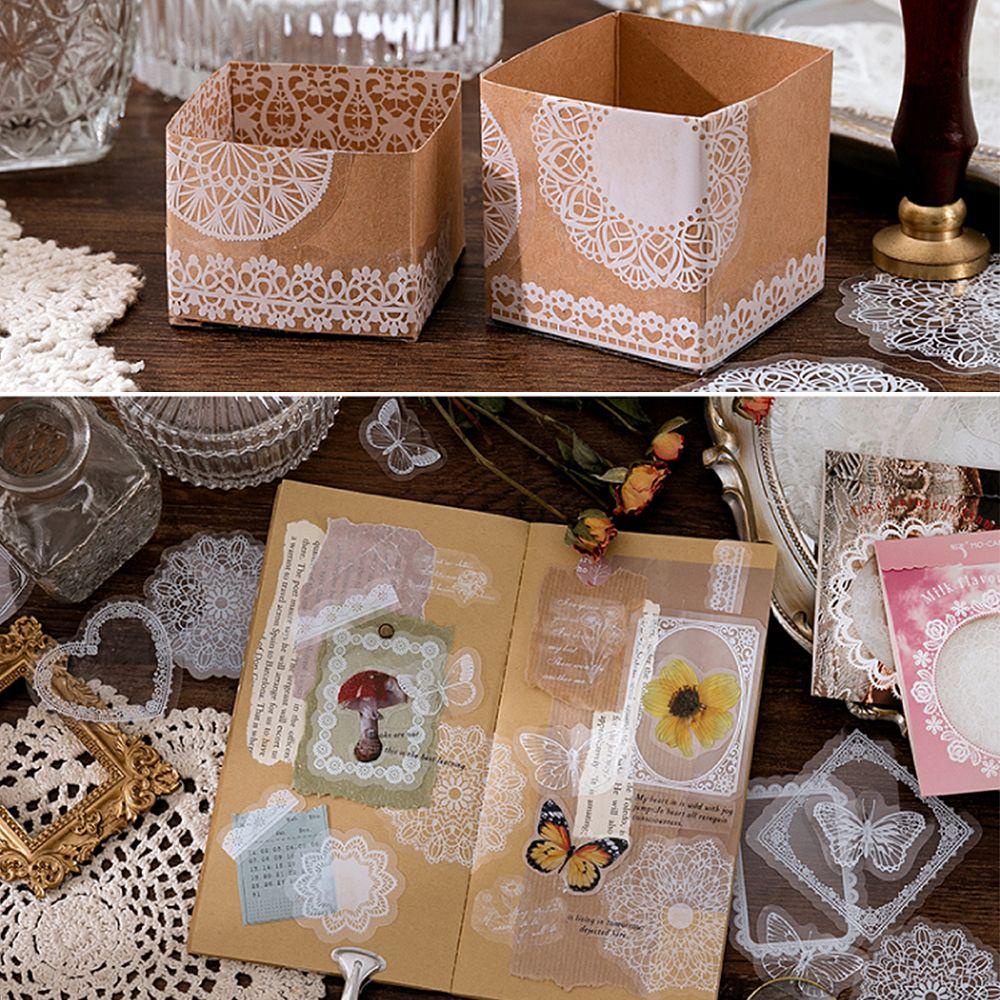 Set 30 Nhãn Dán PET Họa Tiết Ren Trắng Vintage Trang Trí Sổ Tay DIY
