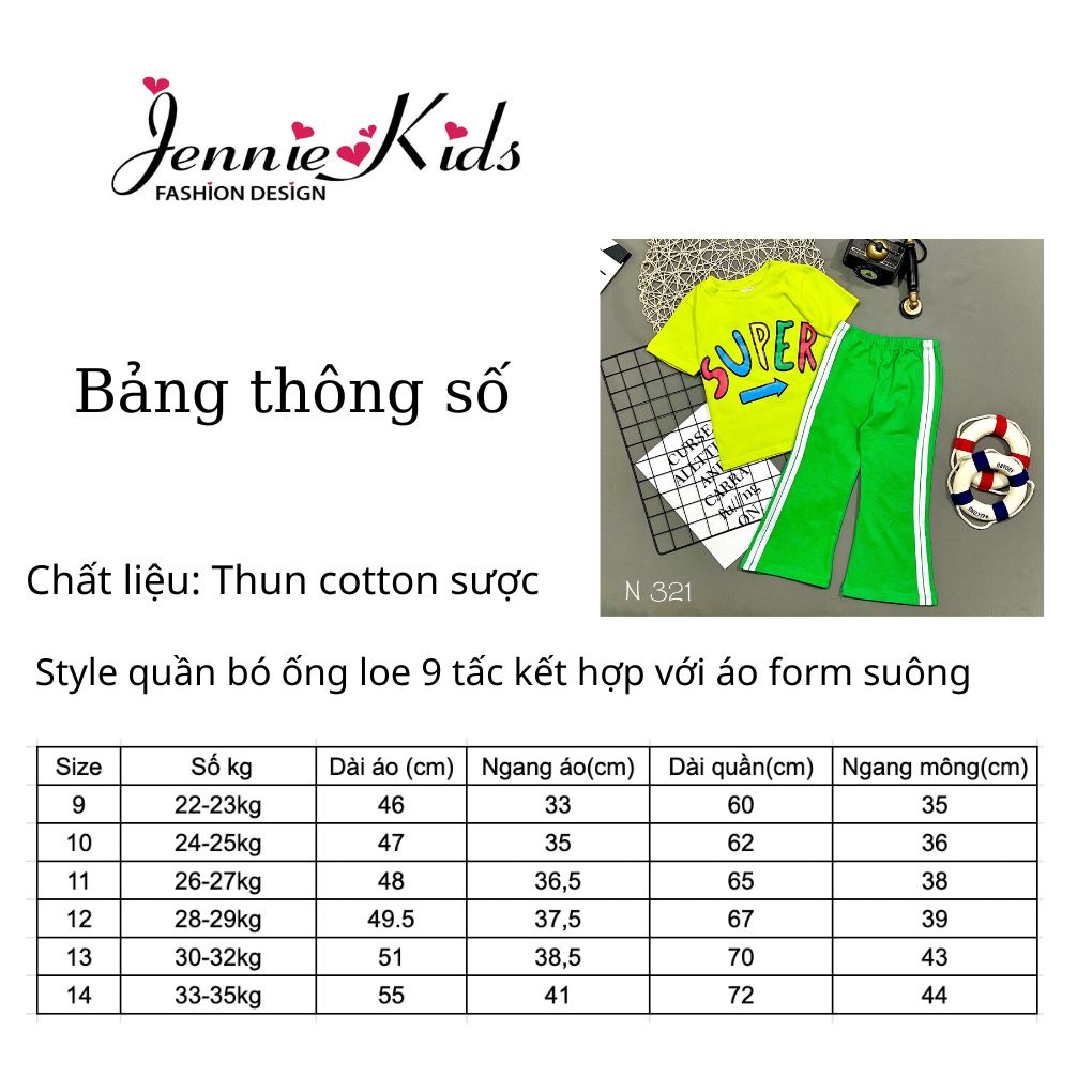 [22-35kg] Bộ bé gái size đại thể thao áo tay ngắn quần dài thun cotton 4 chiều Jennie kids J501