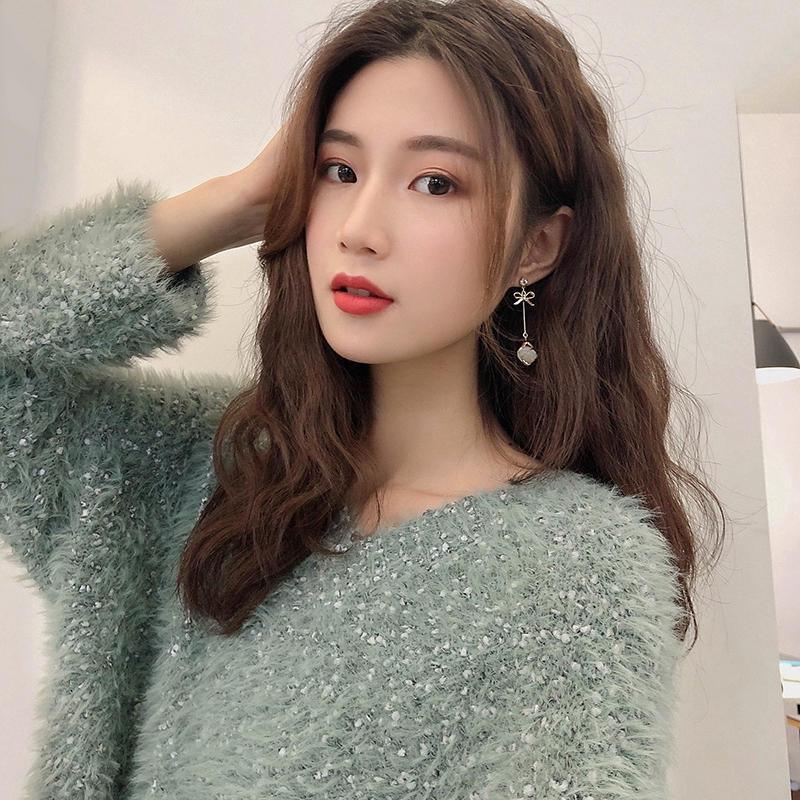 Bông tai dáng dài phối họa tiết nơ đính đá mắt mèo phong cách Hàn Quốc thời trang