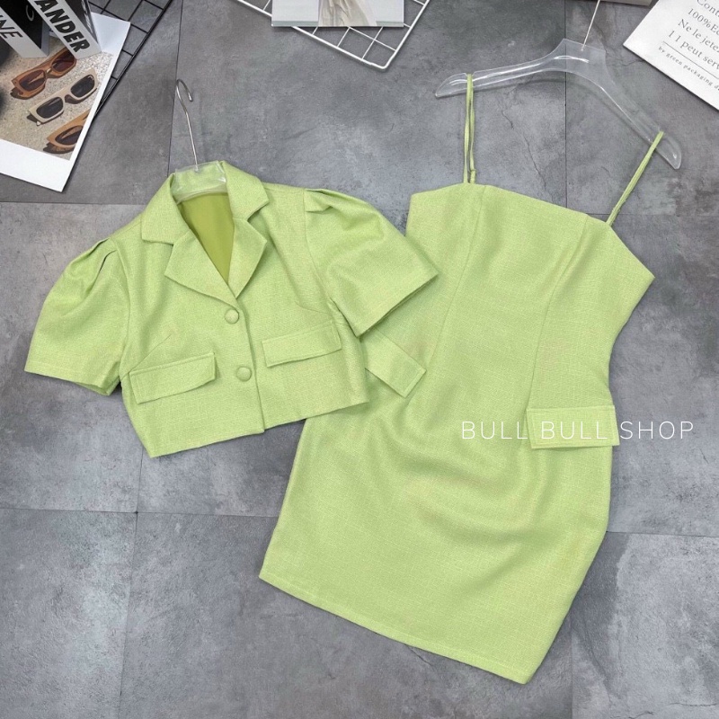 Set Váy Công Sở Chất Dạ Cao Cấp, Áo Vest Nữ Và Váy Hai Dây Mix Kèm