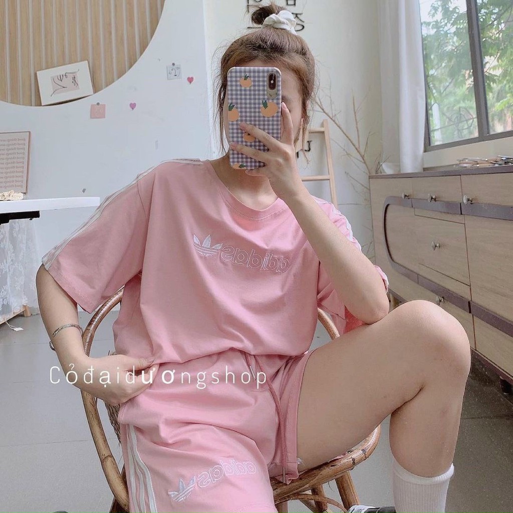 Set bộ Thể Thao Nam Nữ cộc tay 3 sọc form rộng ulzzang Chất Vải Su thêu 100%🌸 Áo thun quần short đùi🍈 freeship🍈 sale