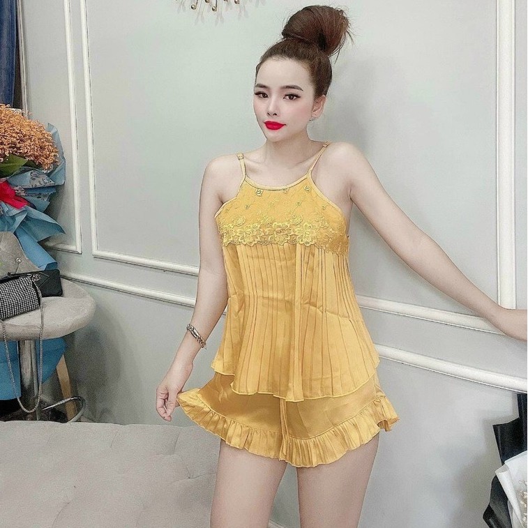 Đồ ngủ sexy Laem Sleepwear - Set ngủ yếm lụa satin 2 dây dập ly phối ren freesize (ảnh thật +video) | BigBuy360 - bigbuy360.vn
