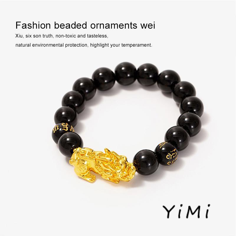 [mo] Vòng Tay Chuỗi Hạt Đá Obsidian Mạ Vàng Với Sáu Chữ Cái Mang Lại May Mắn Cho Nam