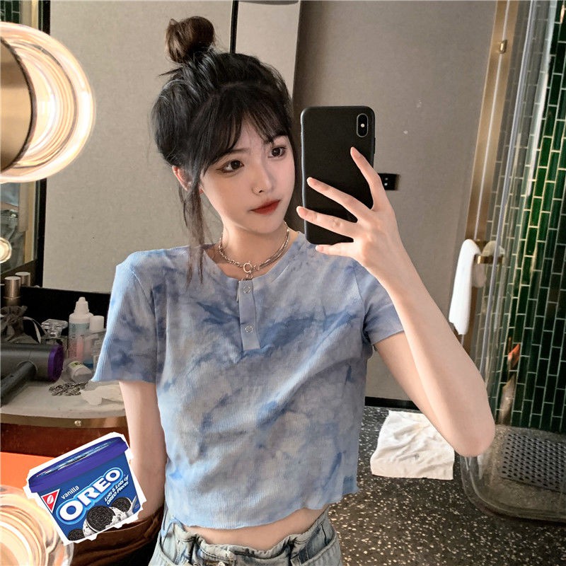 Careful machine design niche blue tie-dye drawstring BM wind top short cropped slim short-sleeved T-shirt women