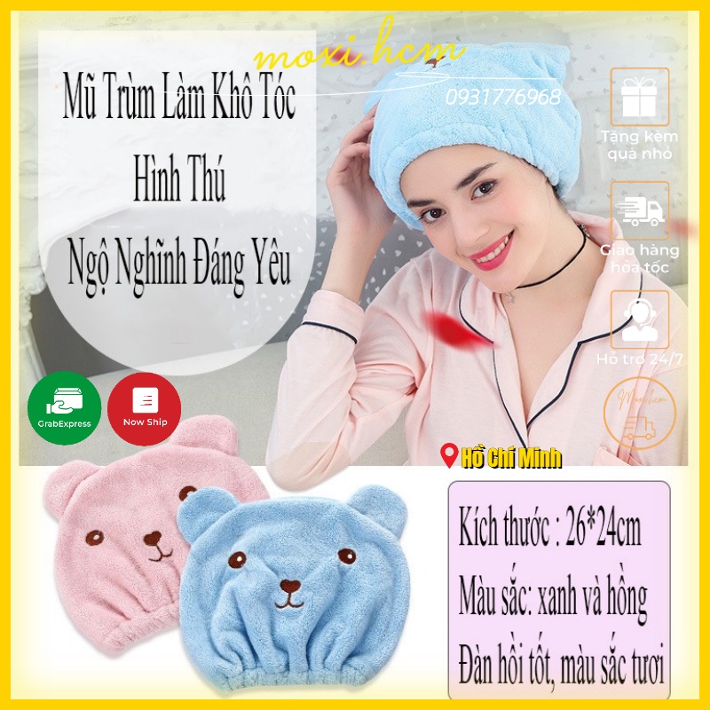 ⚡HÌNH GẤU⚡ Khăn Mũ Trùm Đầu Cotton Làm Khô Tóc Siêu Thấm Hút Sau Khi Tắm tiện dụng MOXI.