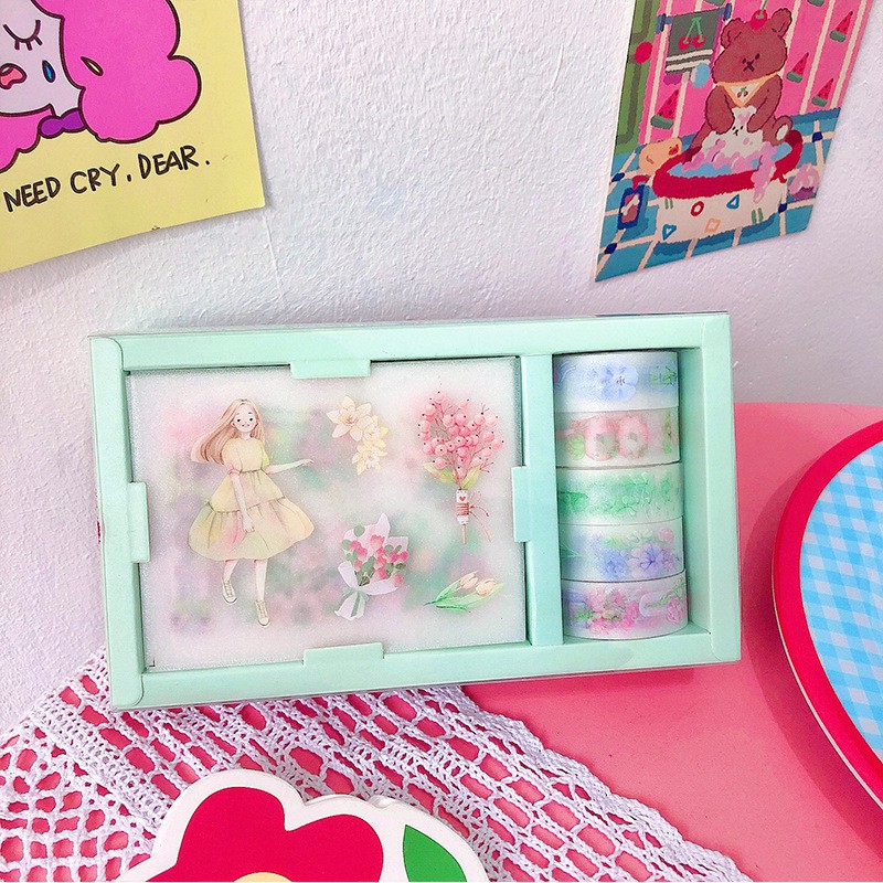 Hộp 5 cuộn Washi Tape và 8 tấm hình dán trang trí