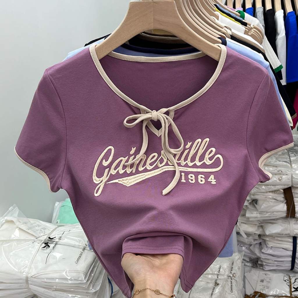 Áo thun BH ngắn tay cổ phối dây thêu họa tiết thời trang mùa hè cho nữ