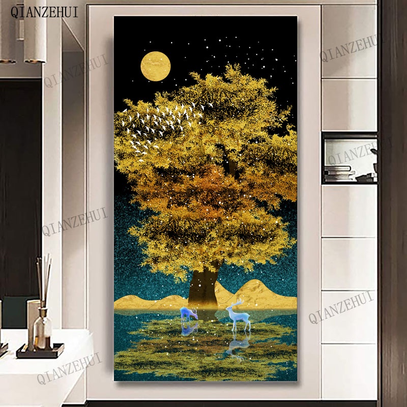 Bộ Tranh Đính Đá diy Hình Phong Cảnh Ban Đêm Mặt Trăng Cây Tài Lộc Tài Lộc Tài Lộc Để Trang Trí Phòng Khách
