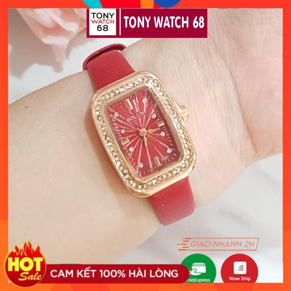 Đồng hồ đeo tay nữ chính hãng Bolun dây da giá rẻ mặt vuông đính đá chống nước Winsley