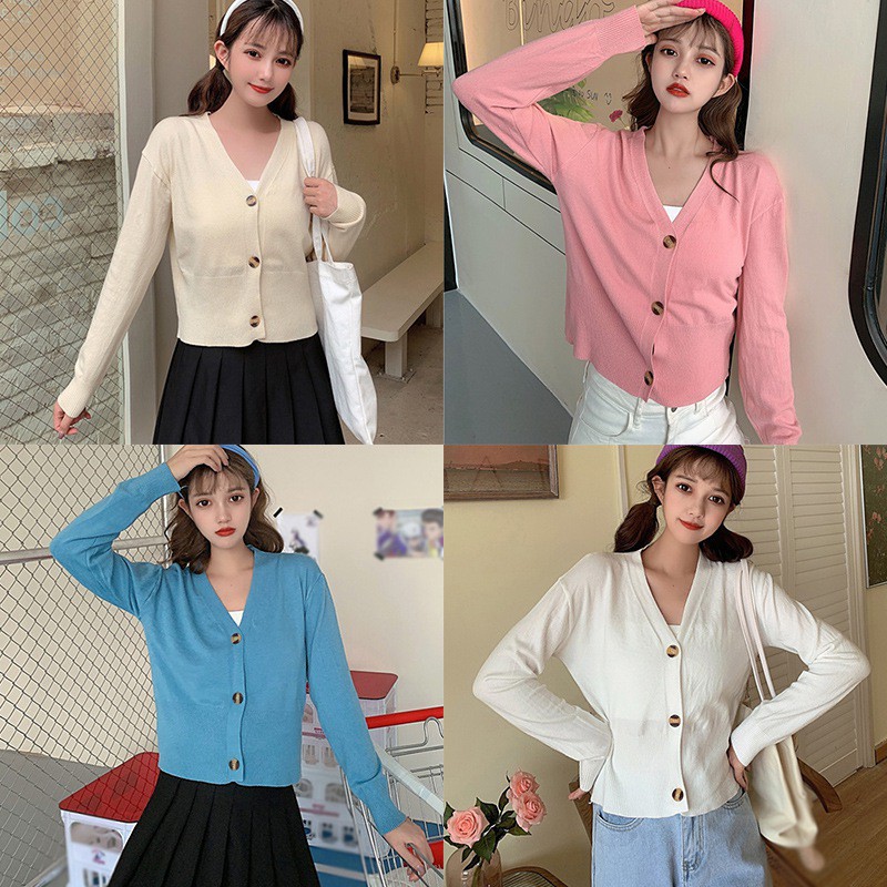 Áo khoác cardigan dệt kim màu trơn phối nút dễ thương nhiều màu tùy chọn cho nữ