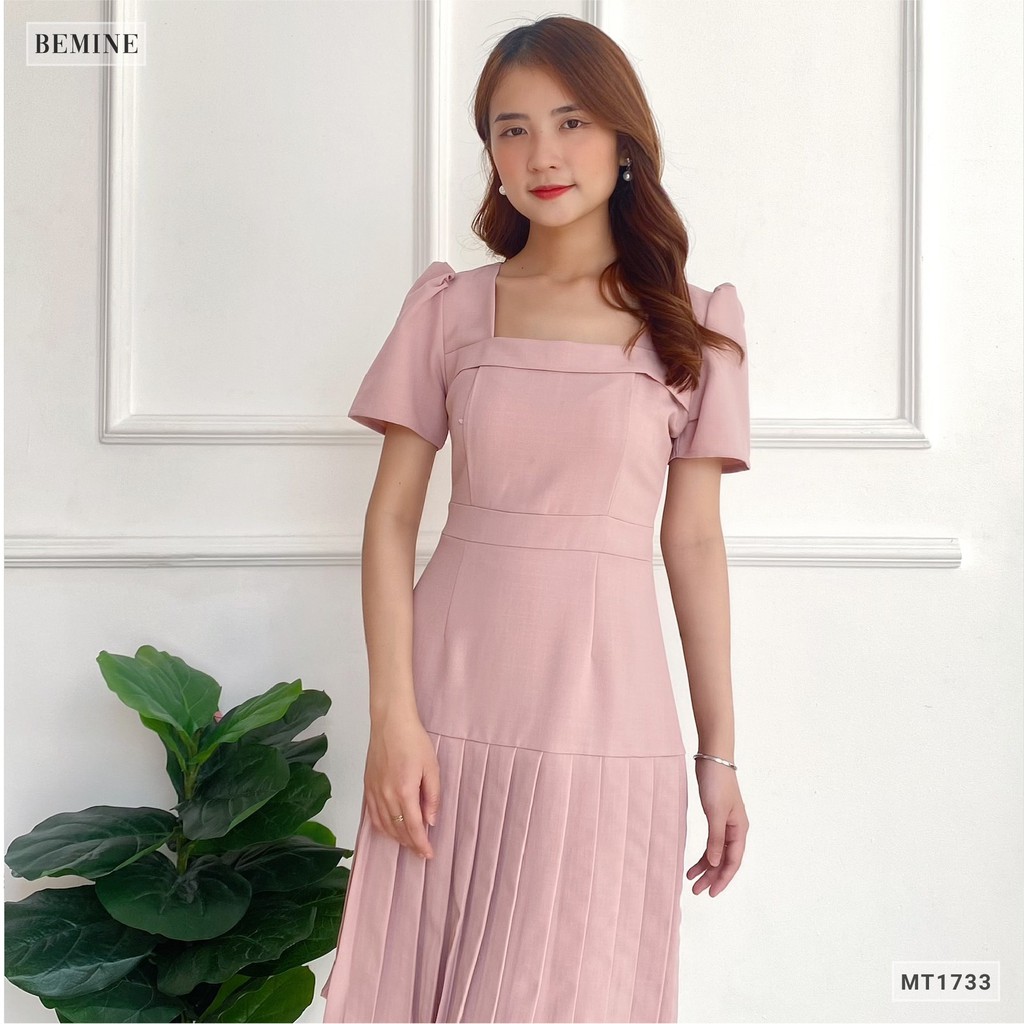 Đầm công sở nữ kiểu dáng cổ vuông tà xếp ly BEMINE MT1733HONG | BigBuy360 - bigbuy360.vn