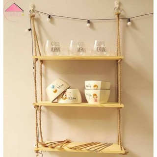 Kệ gỗ treo tường 3 tầng dây thừng se macrame ✓ [ Siêu chịu lực ]