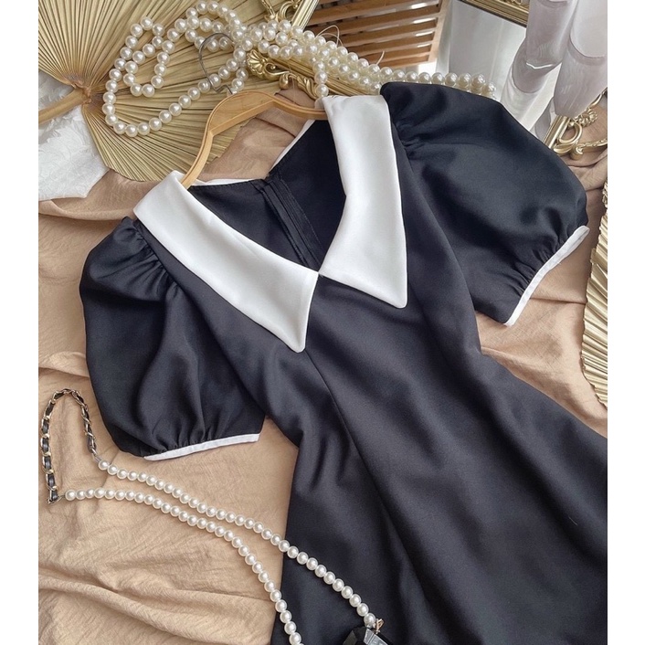 Đầm đen cổ trắng form dài (kèm hình thật) | BigBuy360 - bigbuy360.vn