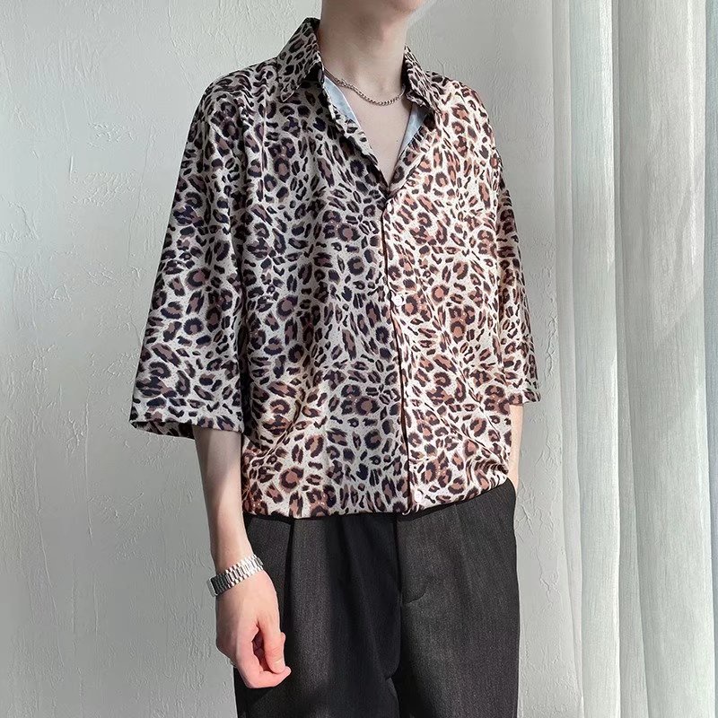 Áo Sơ Mi Lụa Lạnh Tay Ngắn In Họa Tiết Da Báo Phong Cách Nhật Bản Cho Nam