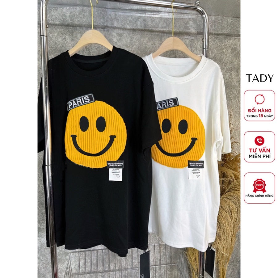 Áo Phông 3158 Cotton Nhung Quảng Châu In Mặt Cười Paris Nữ Nam, Áo Thun Tay Lỡ Oversize From Rộng Basic Chất Cotton