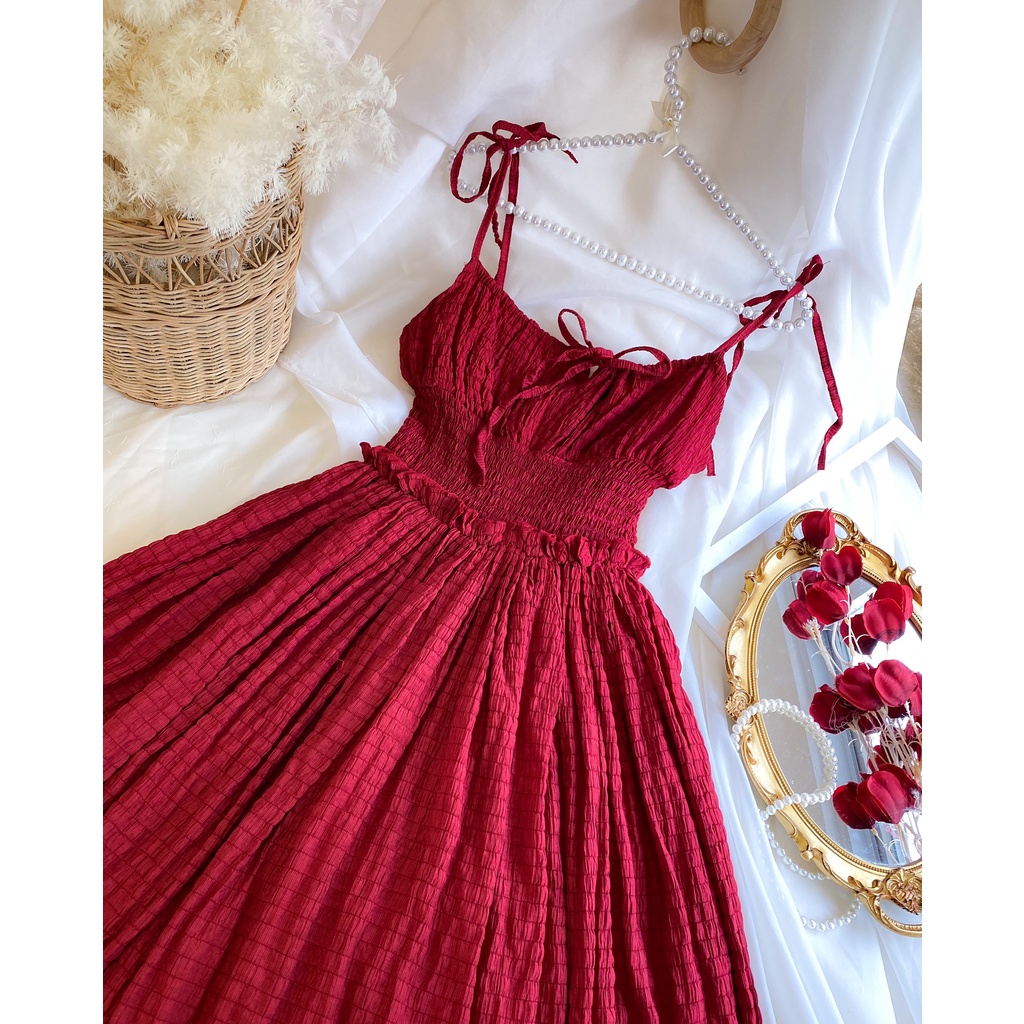 Đầm Maxi dáng xòe Nữ Đi Chơi Thiết Kế 2 Dây Nơ Bên Vai Xinh Xắn