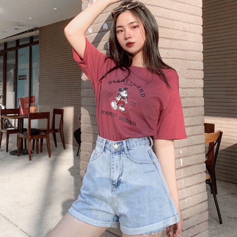 [100% GIỐNG ẢNH] Áo thun cổ tròn tay ngắn hoạt hình phối với short jean ống rộng đơn giản