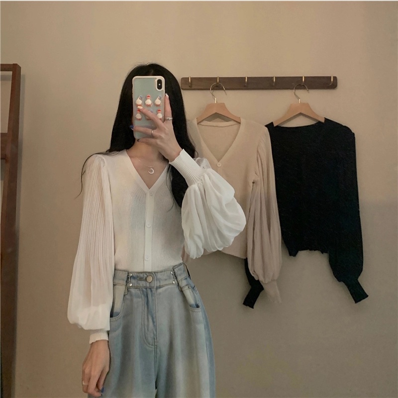 Áo sơ mi voan tay dài cổ chữ V phong cách Hàn Quốc retro ngọt ngào cho nữ