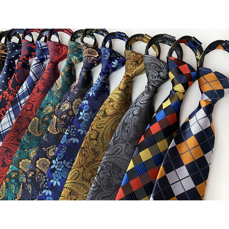 Cà vạt EFAN 8cm màu vàng đen/ đỏ/ xanh lá/ bạc họa tiết kẻ sọc phối khóa kéo cho nam (Nút không thể tháo rời)