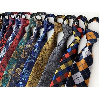 Cà vạt EFAN 8cm màu vàng đen/ đỏ/ xanh lá/ bạc họa tiết kẻ sọc phối khóa kéo cho nam (Nút không thể tháo rời)