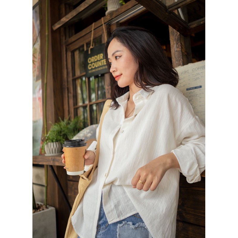 LEN clothing áo somi trắng dài tay oversize 742703