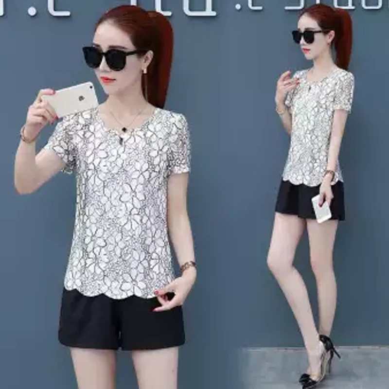 Áo thun ngắn tay phối ren phong cách Hàn Quốc thanh lịch dành cho phái nữ