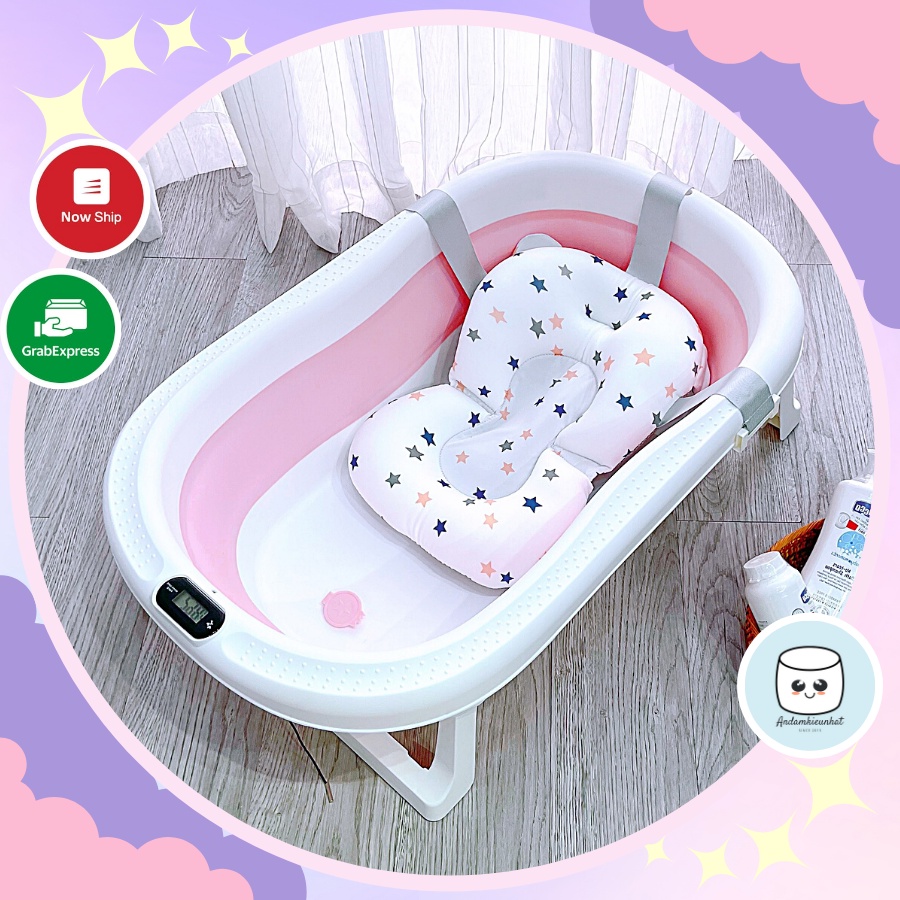 Chậu tắm có nhiệt kế cho bé gấp gọn kèm phao màu hồng 9BABY