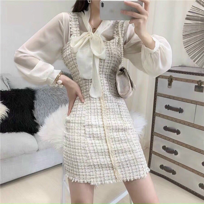 Set yếm dạ áo buộc nơ kem
