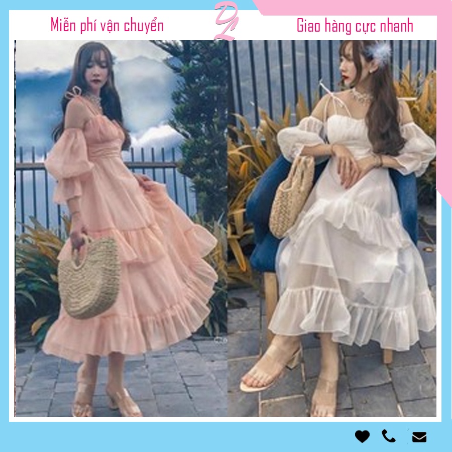 đầm maxi dáng dài 3 tầng phối voan rớt vai